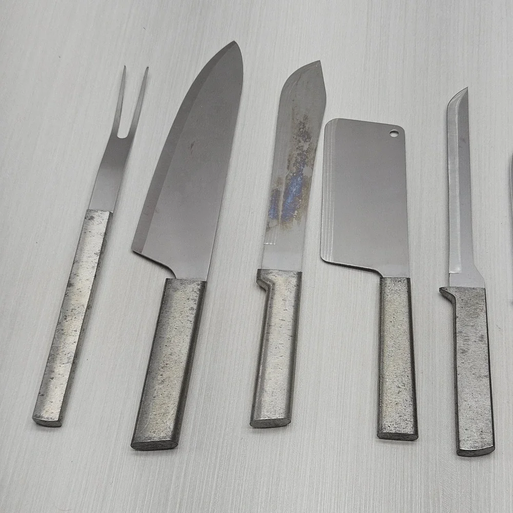 Vintage 11pc Industrial Textured Metal Handle Knife Set Cleaver Fork Utility Lot